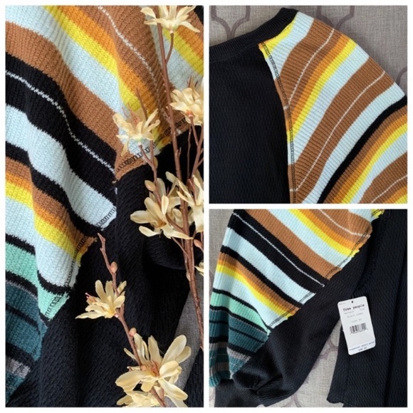 🌈NWT🌈 FP Black Rainbow Stripe Balloon Sleeve Top - Picture 6 of 15